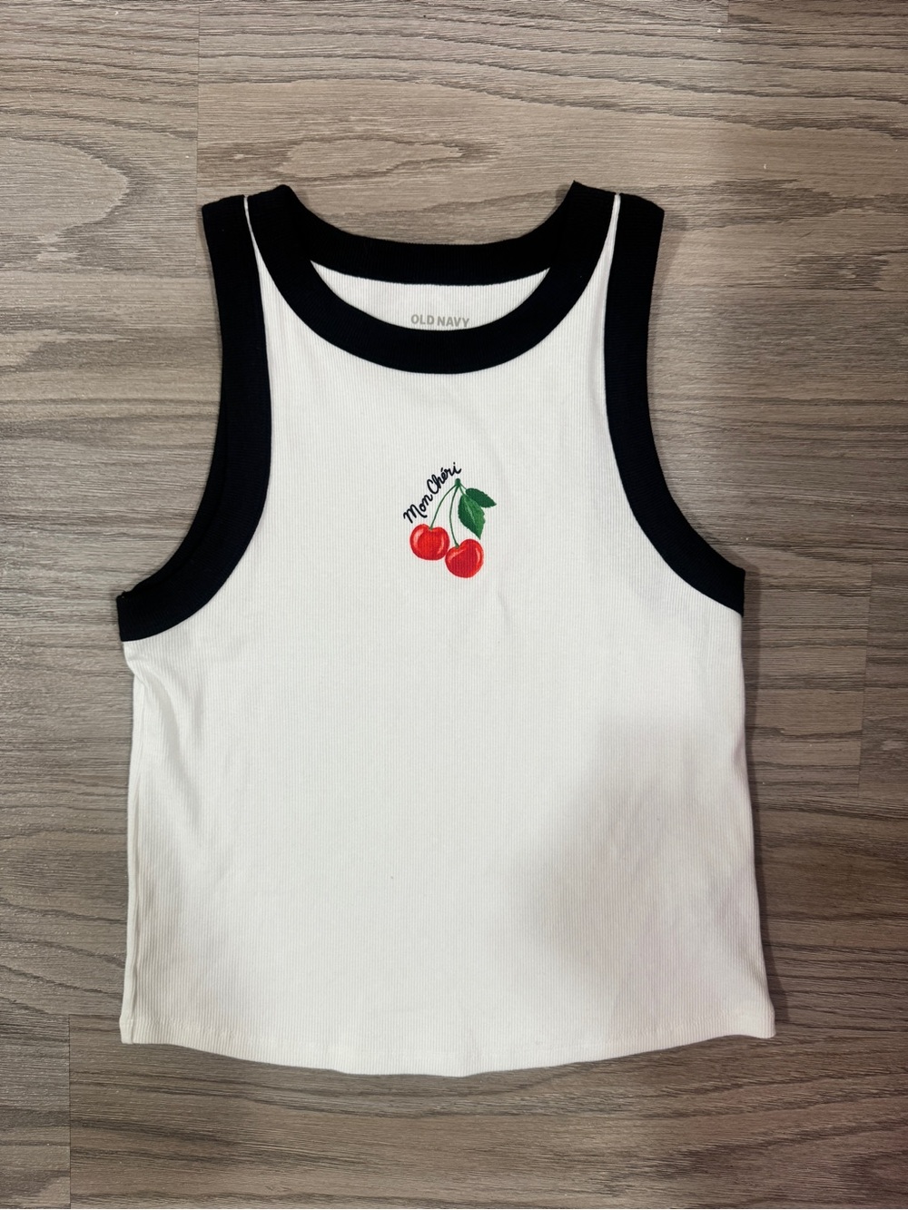 Old Navy “Mom Cheri” Cherry Ribbed Snug Tank Top Black White Contrast Size L